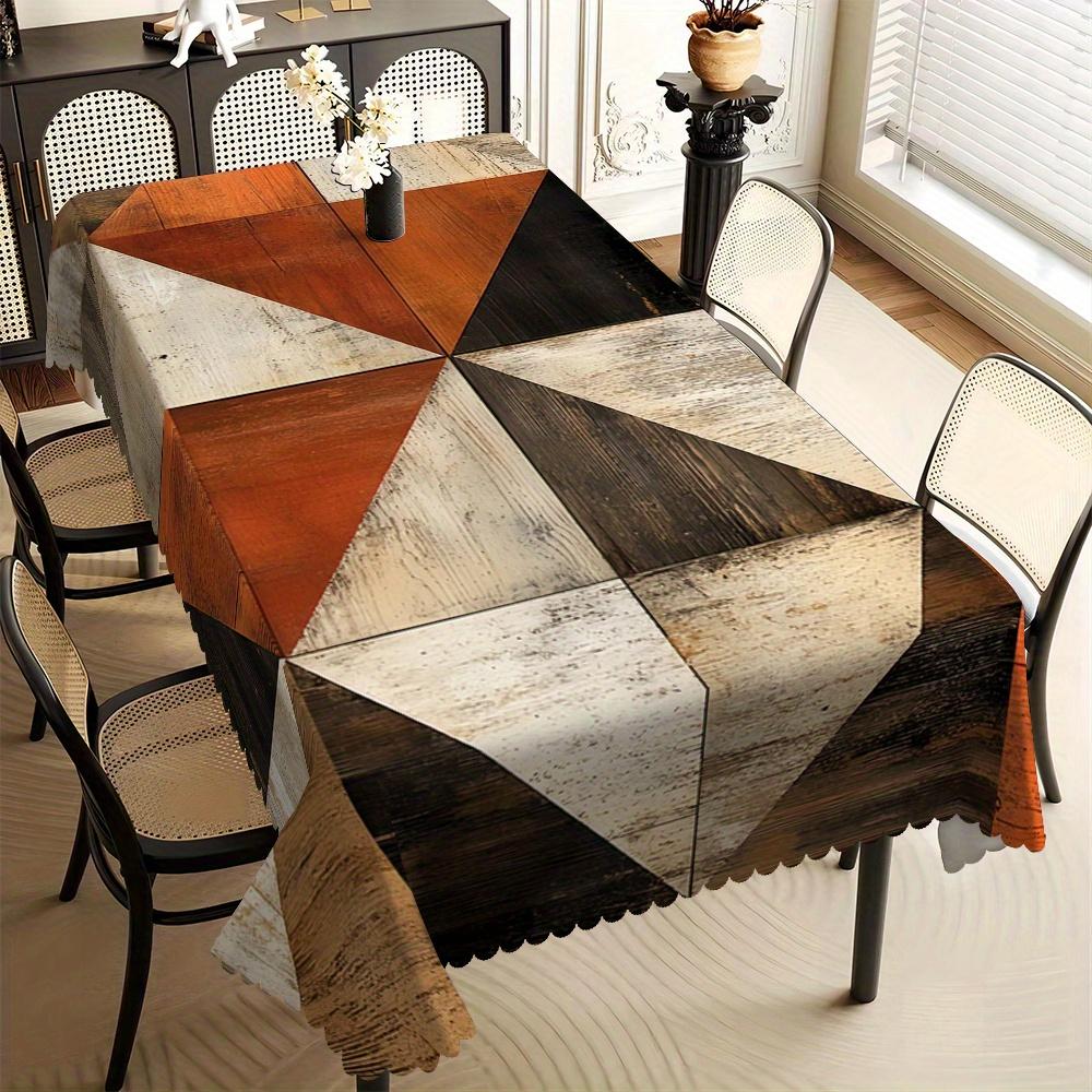 Rustiek Houten Patchwork Tafelkleed, Geometrische Driehoek Print met Golvende Rand, Vlekbestendig voor Eetkamer & Boerderij Decor 100x160cm