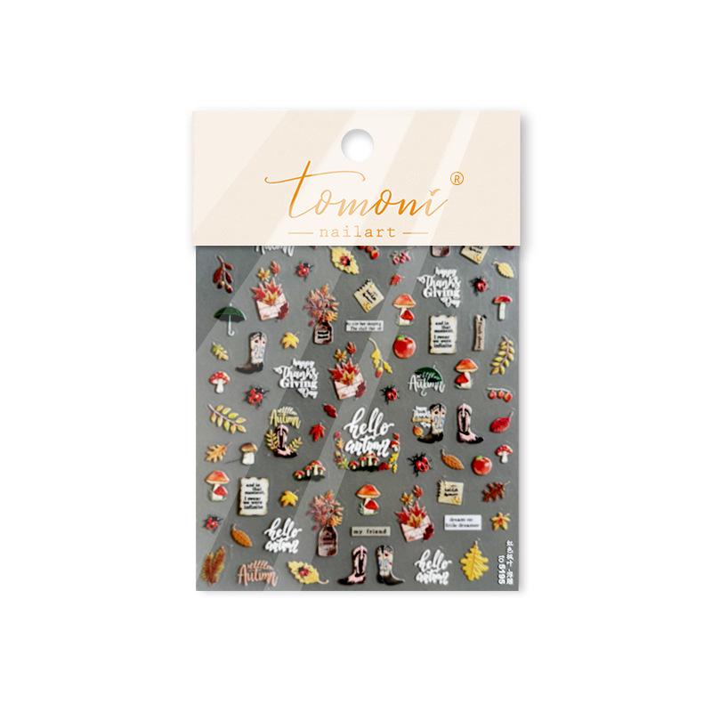 Tomoni Embossed Autumn Nail Stickers - Red Maple Leaf Retro DIY Nail Art Mix