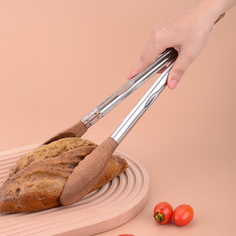 High Quality Non-Stick BBQ Grilling Tong with Stainless Steel Handle Durable Cooking Tong Walnut Wood Easy to Use Food Clip