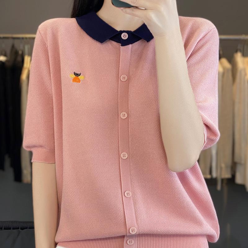 

Женская летняя трикотажная футболка с воротником поло в стиле колор-блок – Свободный крой, Приталенная, Вышитый короткий рукав XL 65-75 kg