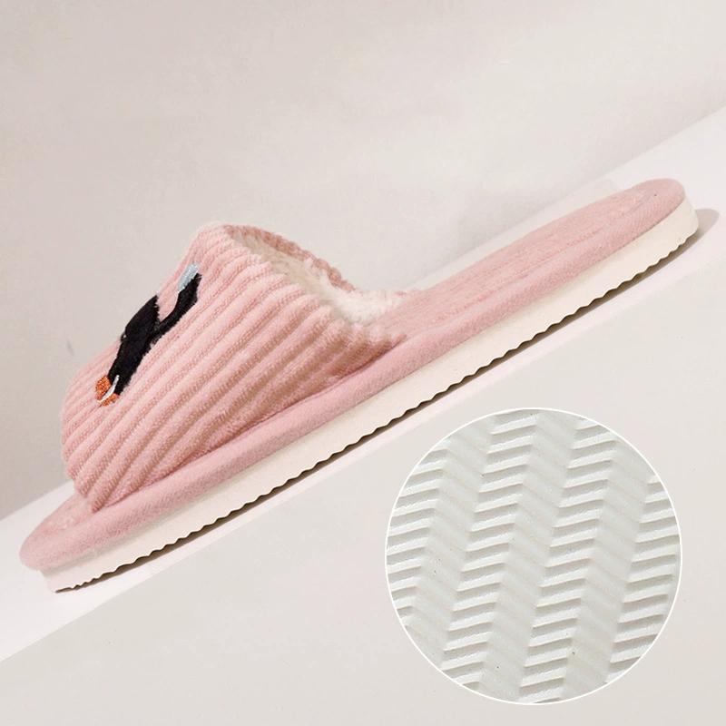 Cartoon Embroidery Cat Women's Slippers Spring Autumn Funny Flat Heel Corduroy Slides Woman Indoor Non Slip Home Cotton Slippers