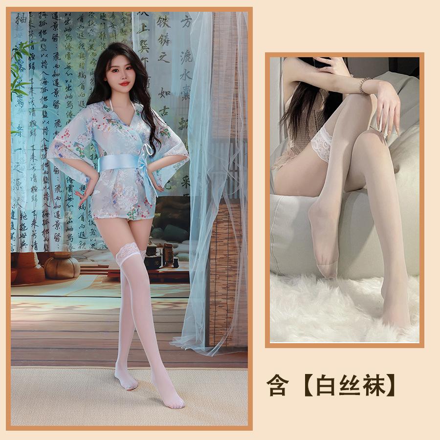 Sexy Underwear Japanese Sexy Cardigan Three-point Pajamas Large Size Kimono Set Sweet Bow Perspective