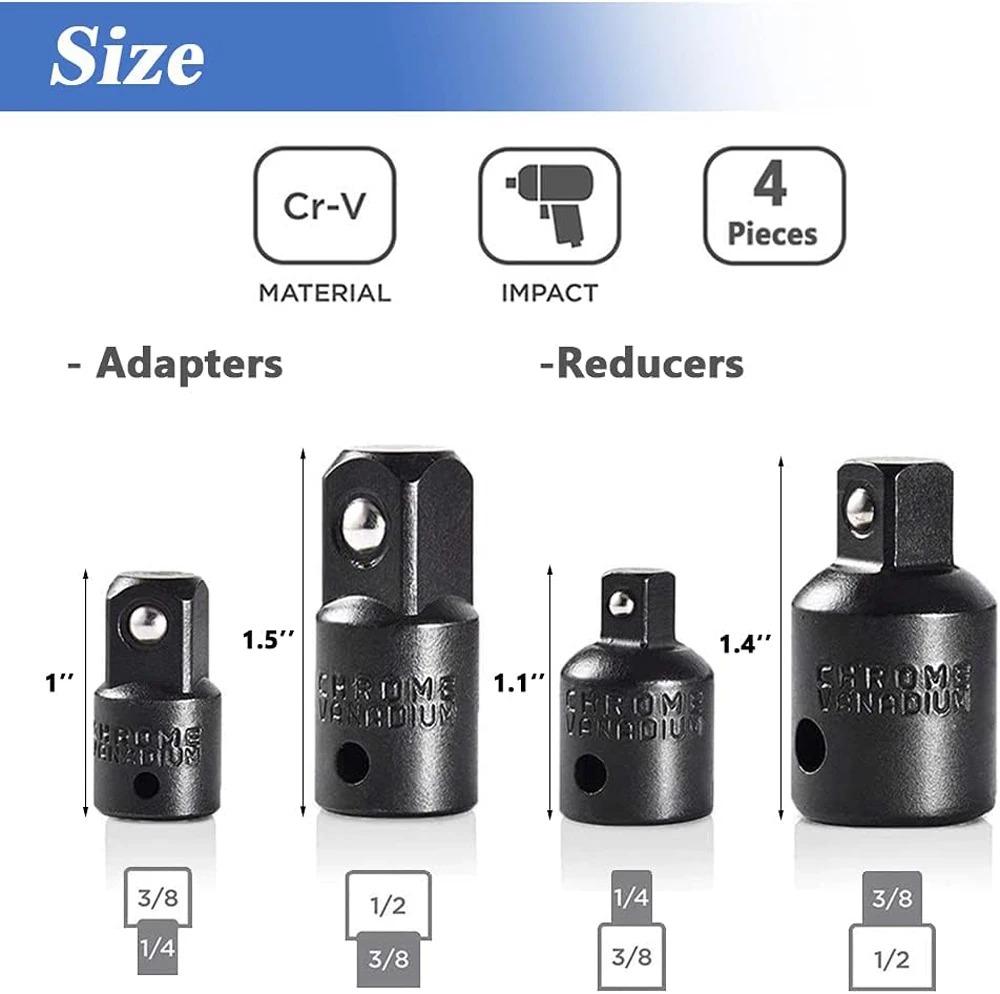 4pcs 1/4 3/8 1/2 Wrench Adapter Ratchet Wrench Socket Spanner Set Converter Reducer Sleeve CR-V Chrome Vanadium Steel