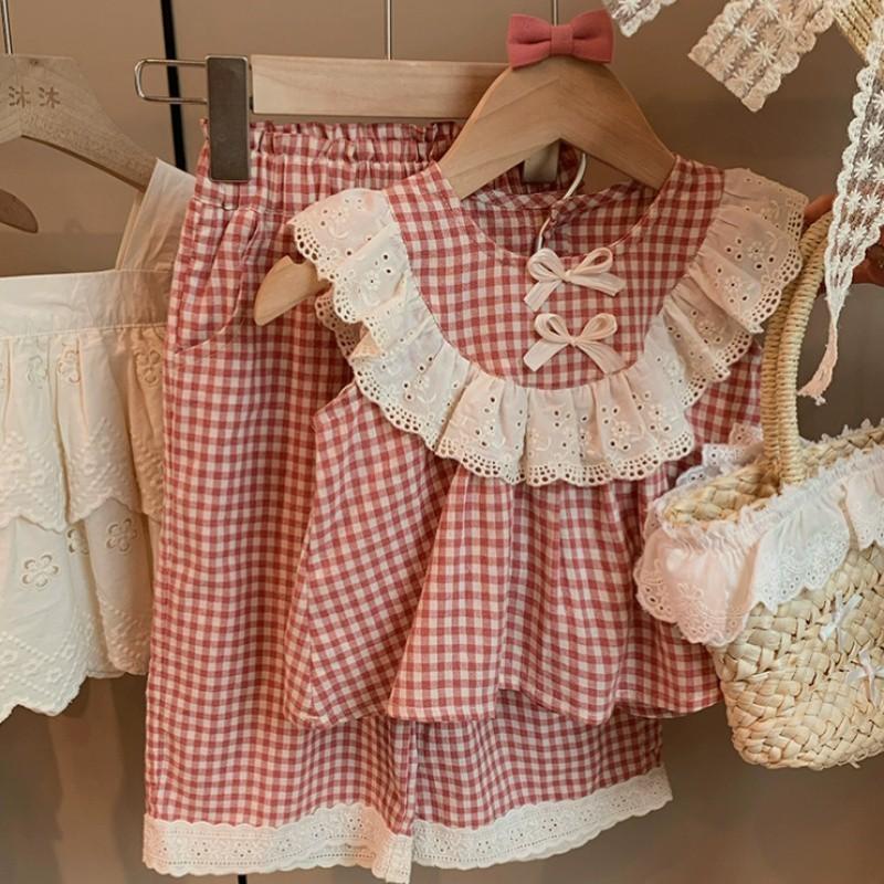 Cute Pink Summer Set For Girls Featuring Stylish Plaid Dress And Lace Trim Top For Ages Eight And Up