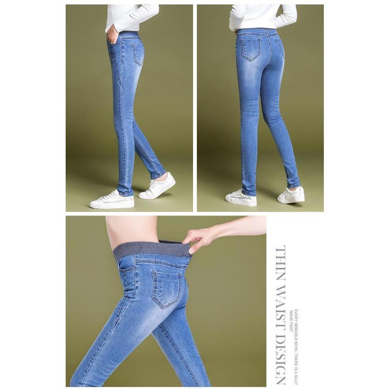 Fleece Jeans Dámské podzimní kalhoty s vysokým pasem v nadměrné velikosti s elastickým pasem