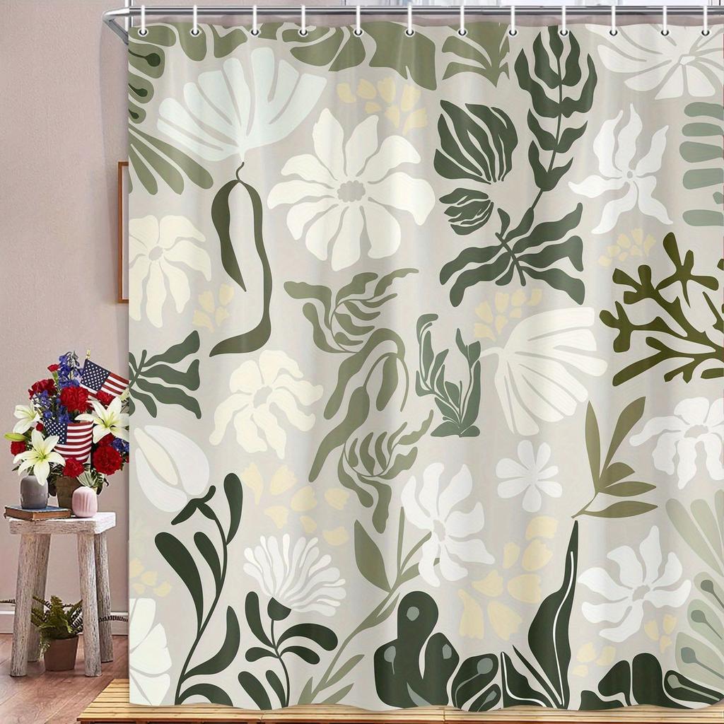 Boho Floral Botanical Shower Curtain - Mid Century Green Flowers & Leaves,  Spring Summer Retro Aesthetic, All-Season Bath Decor