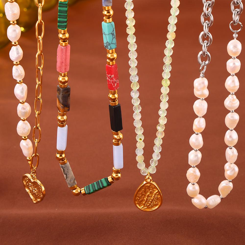 

Dopamine Jewelry: Natural Stone & Freshwater Pearl Beaded Necklace with Titanium Steel Pendant
