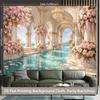Luxury Palace Corridor Tapestry, Pink Rose & Ocean View Background Cloth, Wedding Backdrop