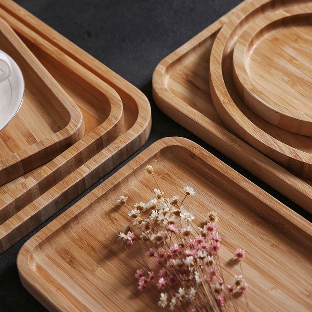 1 Stück rechteckige, runde Bambus-Tablett, Obst-Snack-Teller zum Halten von Tee, Obst, Grillbrot