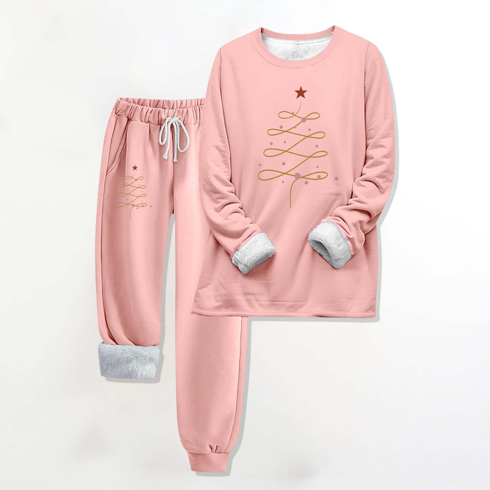 

Комплект из двух предметов для женщин, теплый спортивный комплект с флисовой подкладкой, свитшот с круглым вырезом и длинными рукавами, с рождественским принтом, спортивные штаны с завязками на талии XXXXXL розовый