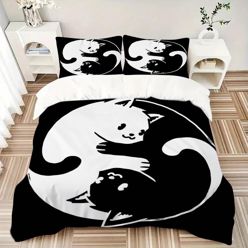 3-teiliges Yin und Yang Weißkatze und Schwarze Katze Bettbezug-Set - Weiche und Gemütliche Schlafzimmer-, Gästezimmer- und Wohnheim-Dekorative Bettwäsche 3-teiliges Set 1 Bettbezug