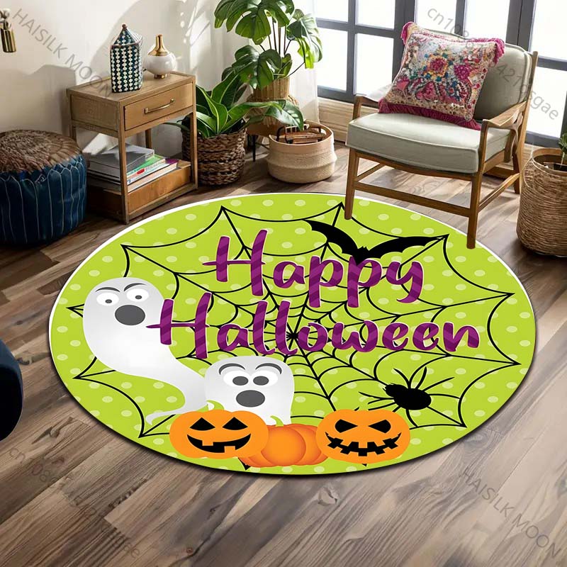 Pumpkin Head Bat Castle Halloween Round Carpet Floor Mat Suitable for Children's Bedroom Decor Living Room Round Rugs for Gifts