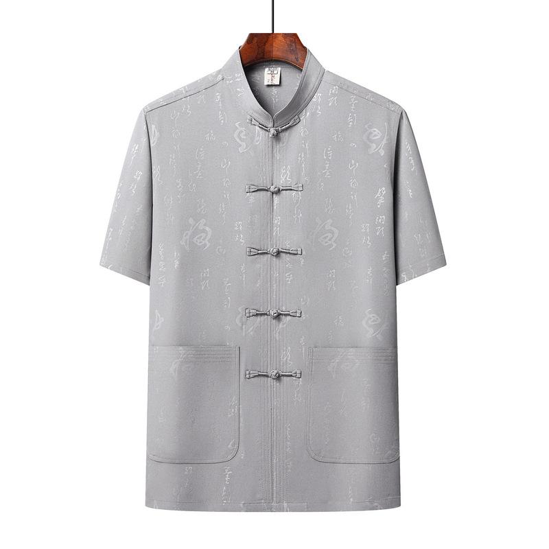 Chinese Style Casual Tops, Small Shirts, Middle-aged and Elderly Short-sleeved Button-down Shirts and Trousers Two-piece Set