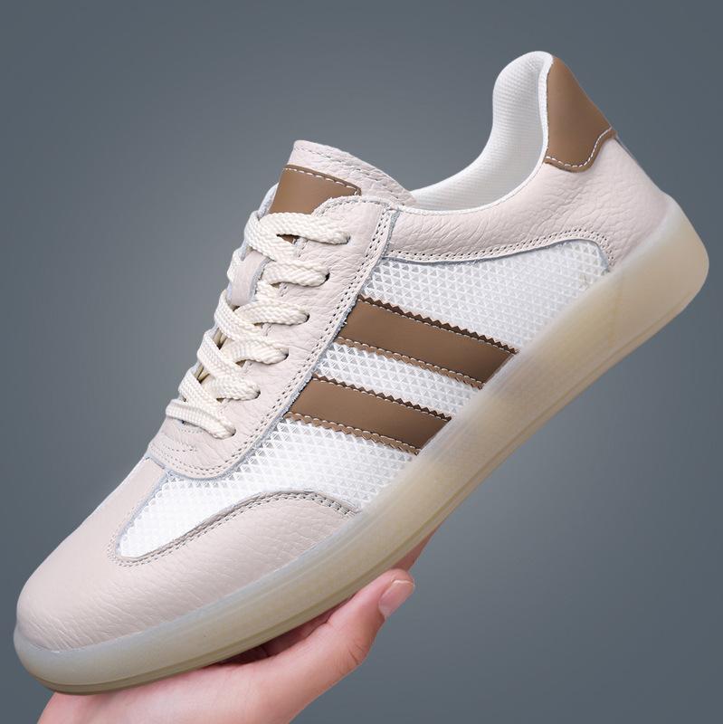 Shoes for Men Genuine Leather Casual Shoes Fashion Striped Breathable Mesh Flat Skateboard Shoes Street Lace-up Sneakers