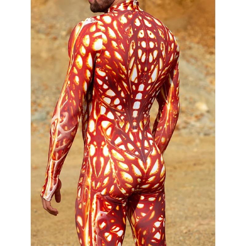 Unisex Ateş Büyücüsü Cosplay Tulum Cadılar Bayramı Arzuyla Yanma Baskılı Çift Zentai Takımı Tatil Partisi Morphsuit Rave Takımları