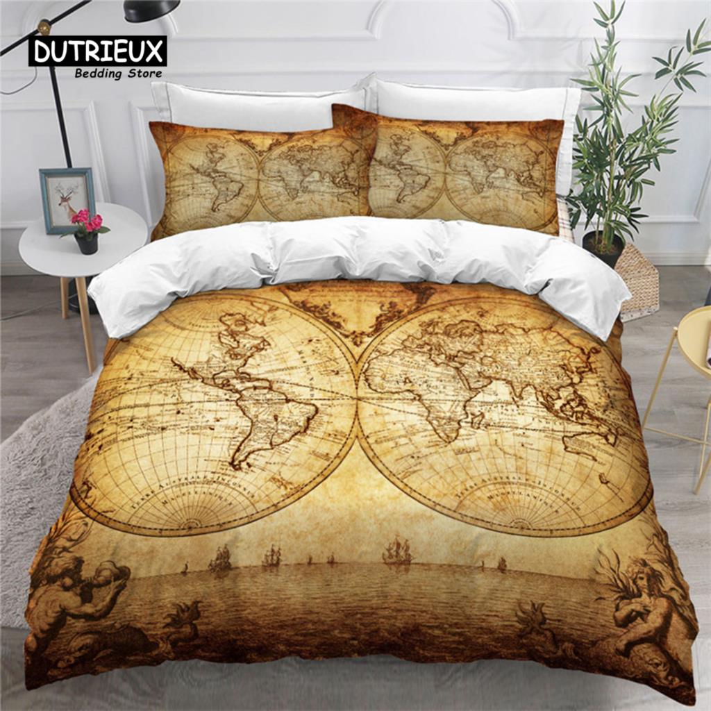Compass Duvet Cover Vintage World Map Bedding Set Nautical Compass On Background Old Map Comforter Cover For Kids Adults Decor
