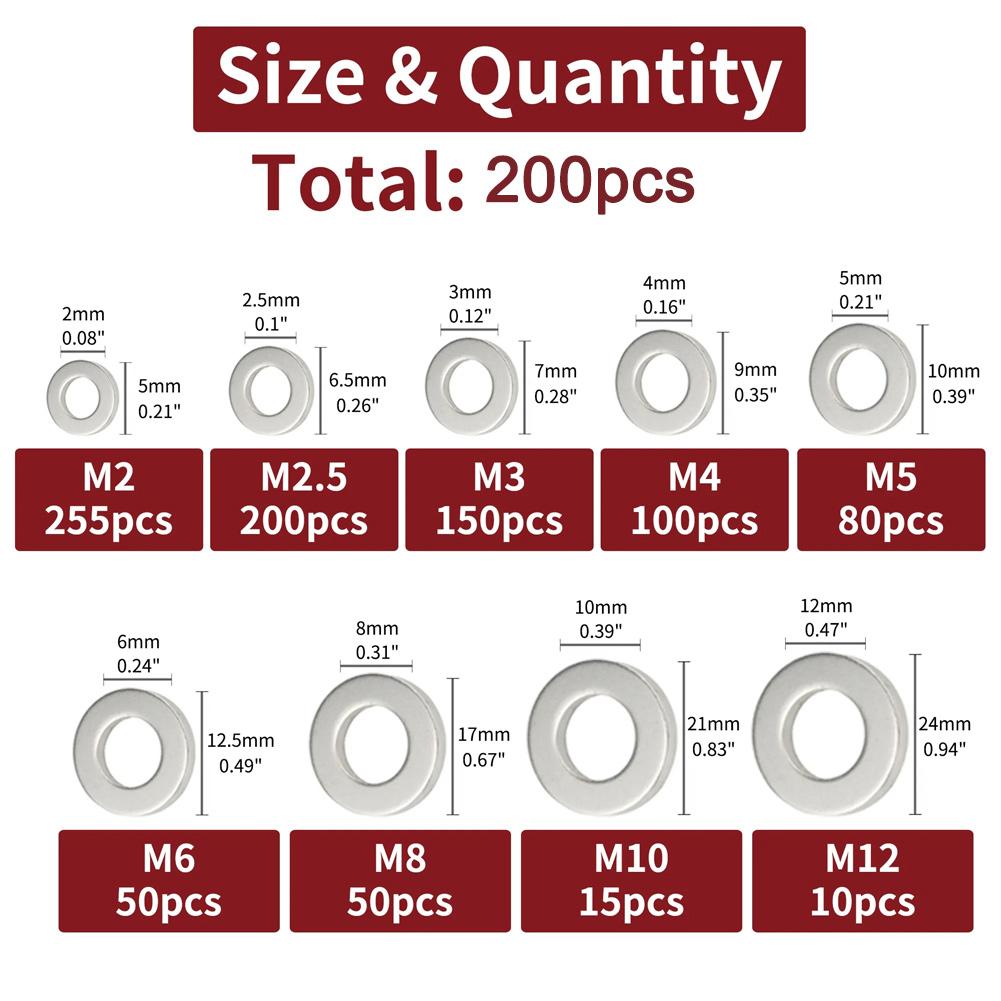 200/910pcs Stainless Steel Screw Flat Washer Spacer Metal Washer Fastener Kit For Factory Repairs Home Improvement Furniture