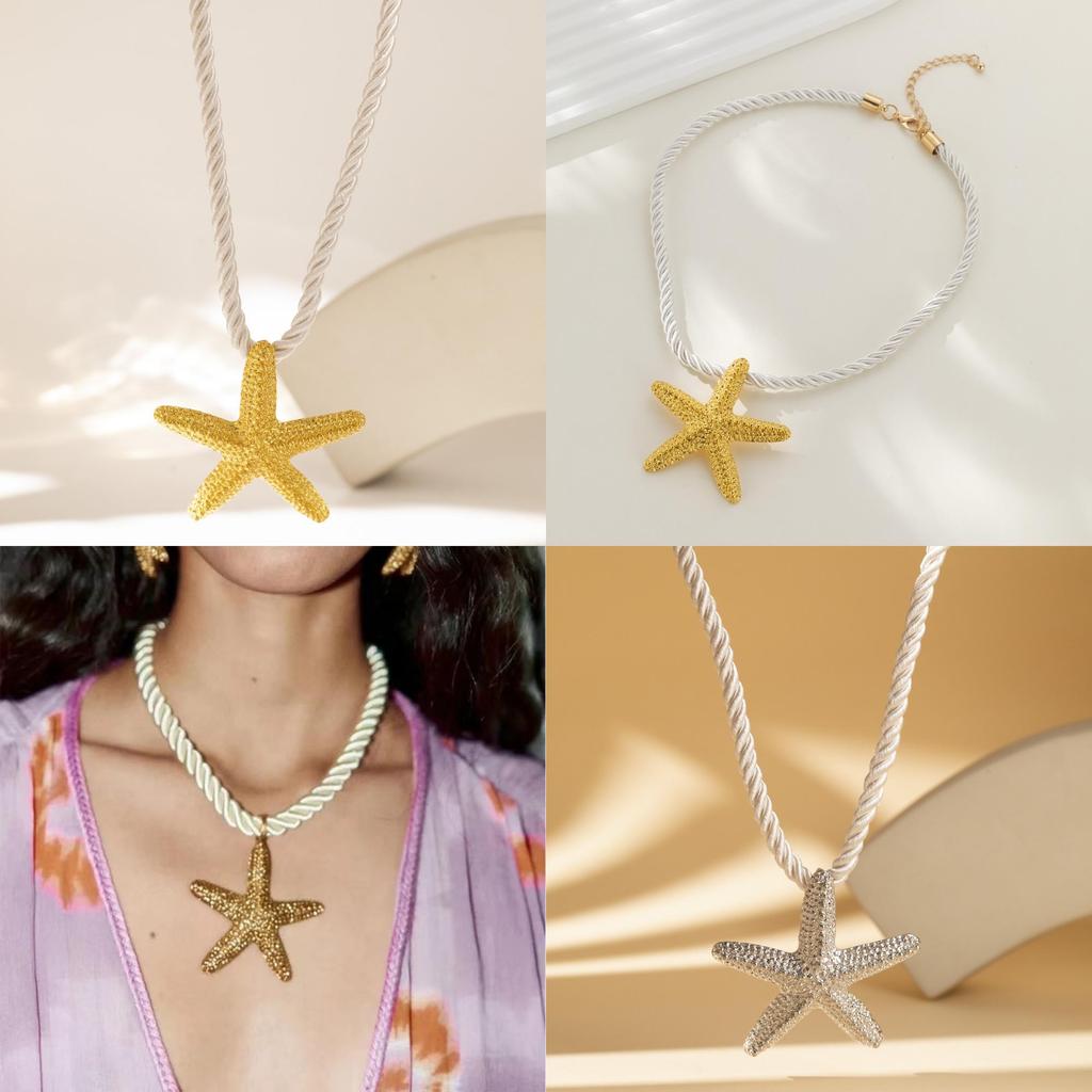 Elegant Yellow Starfish And Shell Alloy Pendant Necklace For Vacation Party Accessories