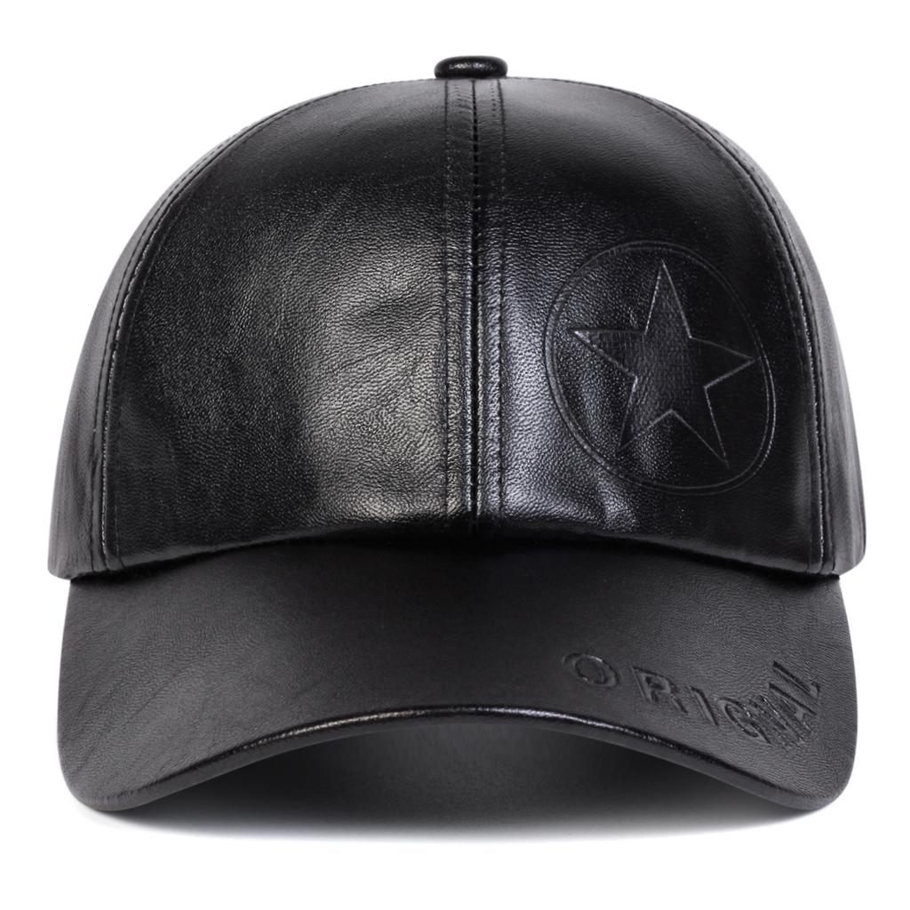 Unisex Letter Pentagram Imprint Embroidery Adjustable Pu Leather Baseball Hat Windproof and Warm Caps Spring Autumn Outdoor Sport Travel for Women Men