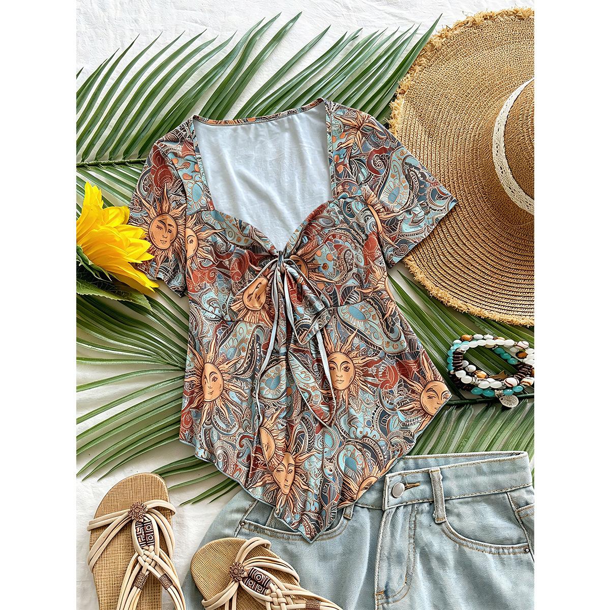 

Big-size Printed Short-sleeved Square-necked Tie-waist Slimming Summer-style Short-sleeved Retro Ethnic-style Waist-fruit Blossom Blouse 4XL сірий колір