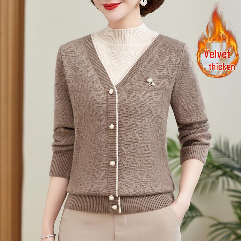Elegant Plus Velvet Thickened Sweater: Warm Two-Piece Base Layer for Middle-Aged & Elderly Women