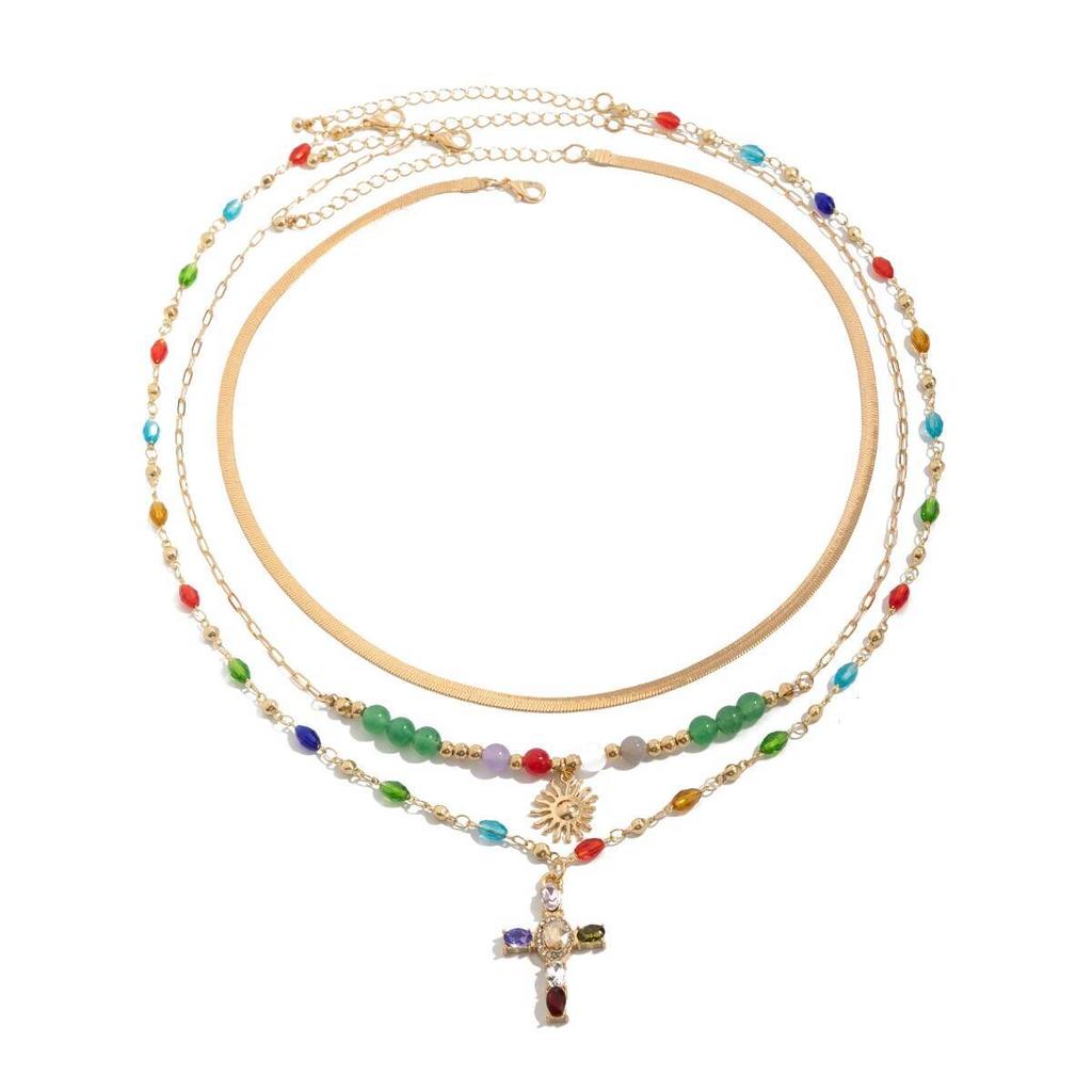 SHIXIN 3Pcs Fashion Glass Bead Flat Snake Chain Choker Necklace for Men HipHop Colorful Rhinestone Jesus Cross Pendant Necklace