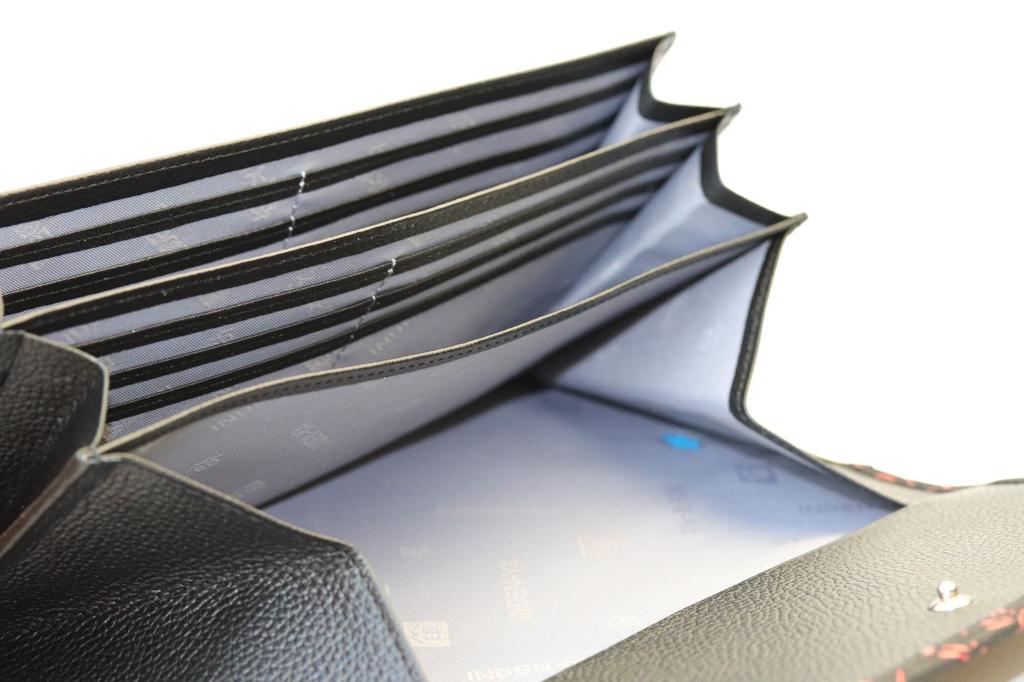 [INDEN-YA] Inden Yuichi Uehara (INDEN-YA) Genuine Leather Flap Long Wallet (Coin Purse Exterior), Model Number 2310, Black with Red Lacquer,