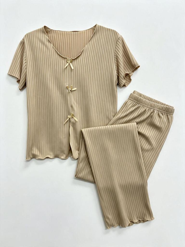 Women's Ribbed Print Short Sleeve Pajama Set: Summer Long Pants Loungewear, European & American Style (2026 New)