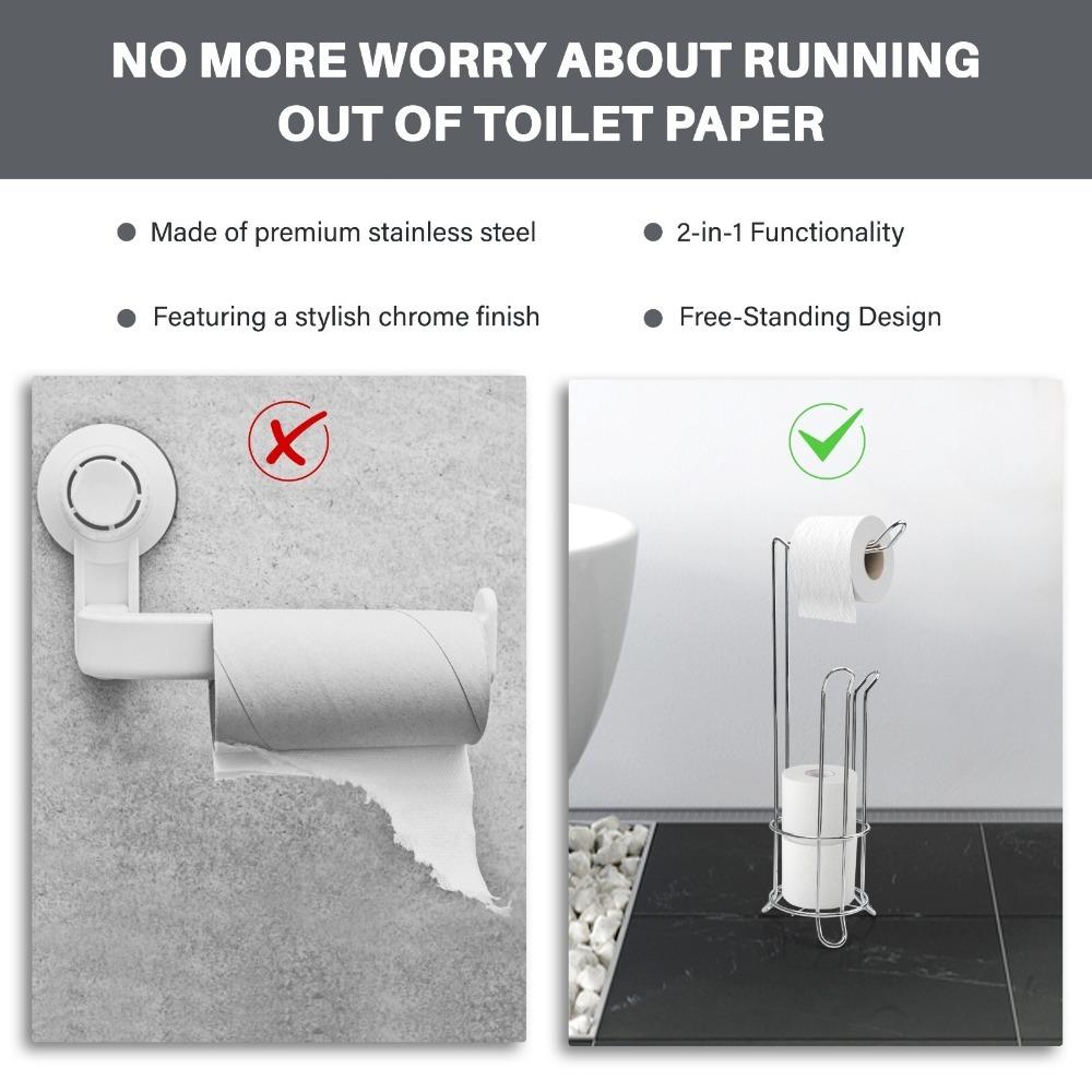 1PC Free Standing Toilet Roll Holder Stainless Steel with Extra Storage Shiny Chrome Bathroom Tissue Paper Organizer Accessories