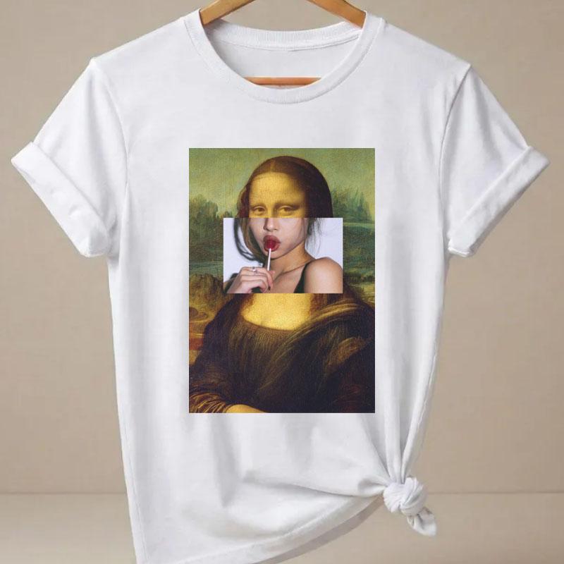Funny Mona Lisa Tshirt 90s Streetwear Casual Graphic Tees Print Short Sleeve T Shirt Clothing Top Summer Ladies Girls Tshirt