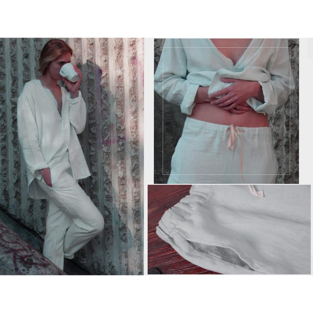 RAKUYUME Linen Long Solid Open Loungewear Women's Pajamas, Sleeve, 100% Linen, Loungewear, Spring, Summer, Autumn, Color, Front, Cute, Collarless,