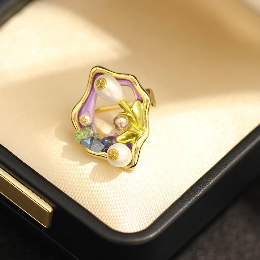 French drip retro oil painting style irregular shape brooch small versatile pearl flower collar pin men and women