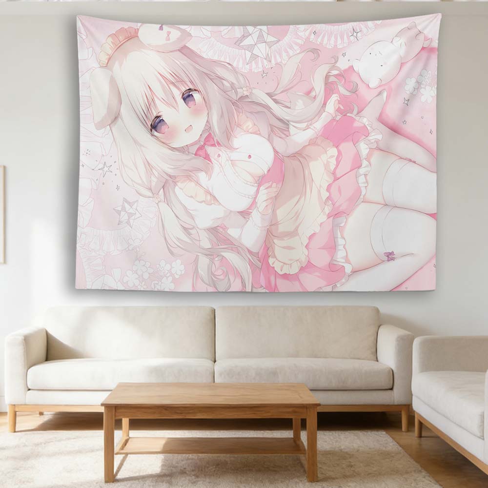 Kawaii Neko Girl Anime Tapestry Pastel Pink Cute Cat Girl Wall Hanging Sweet Lolita Bedroom Dorm Decor for Fans