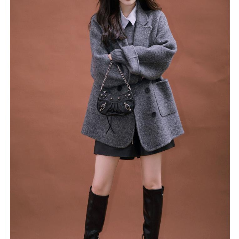 Double-sided cashmere coat, high-end loose suit woolen jacket for women, gray temperament spring women's clothing