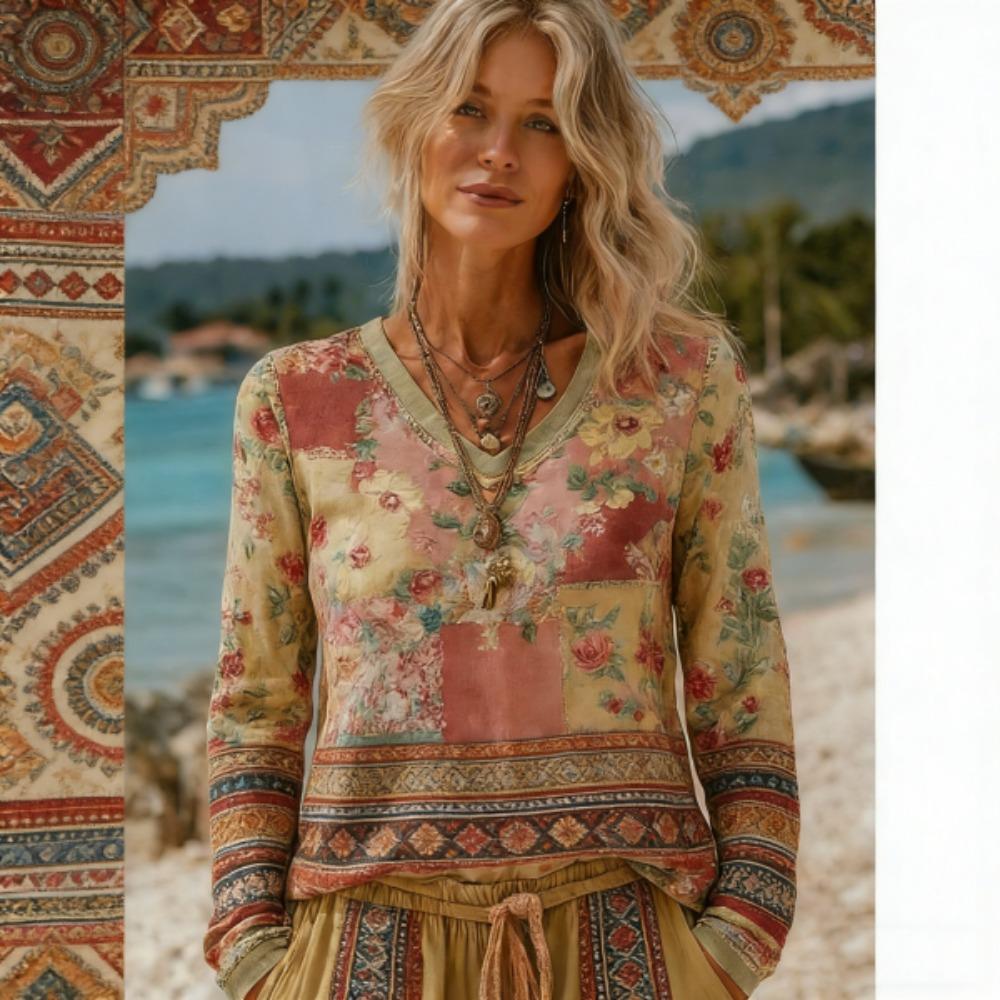 Spring Autumn Europe America Bohemian Style Fashion V-neck Women's T-shirt Pullover Women Long Sleeve Clothing Outdoor Casual Tees Top