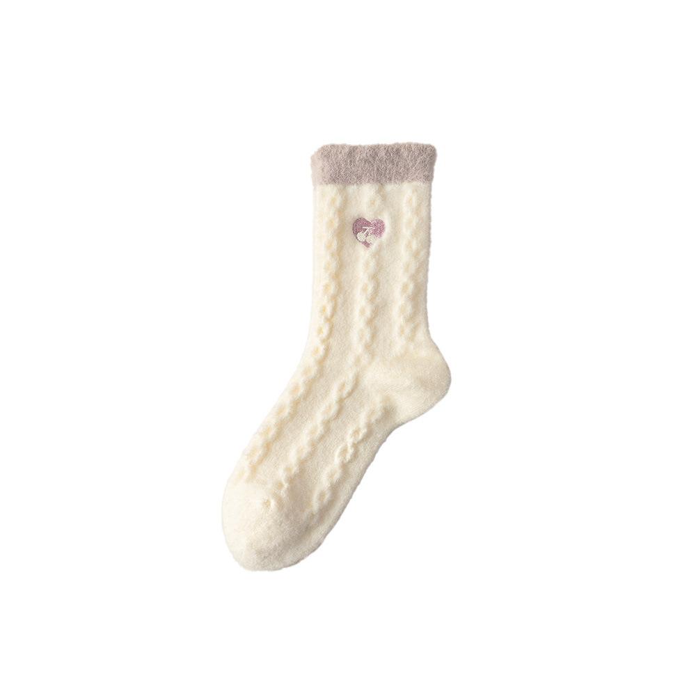 Lace Embroidered Heart-shaped Cherry Mid-calf Socks for Warm Autumn and Winter, Thickened Postpartum Socks, Dui Dui Socks