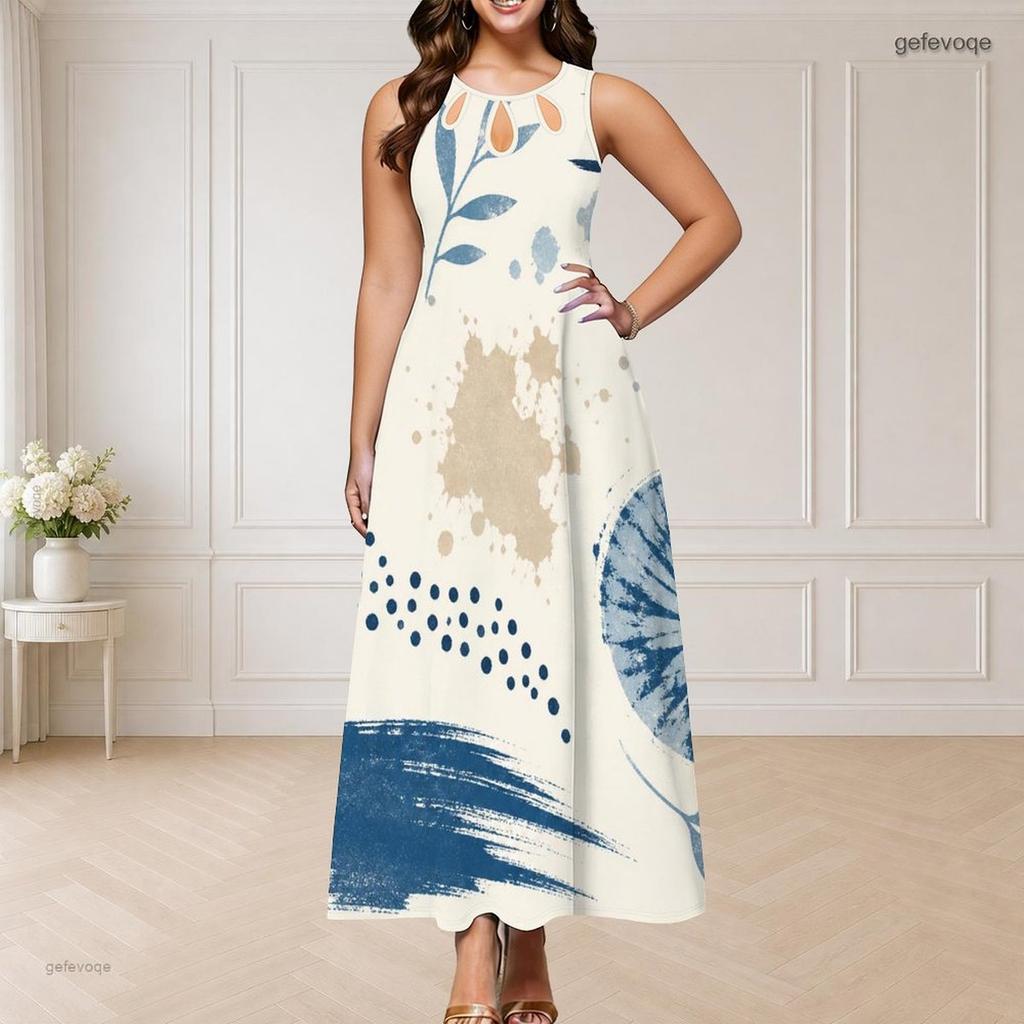 Women Plus Size Round Neck Triple Keyhole Cutout Sleeveless Printed Blue Beige White Long Maxi Dress
