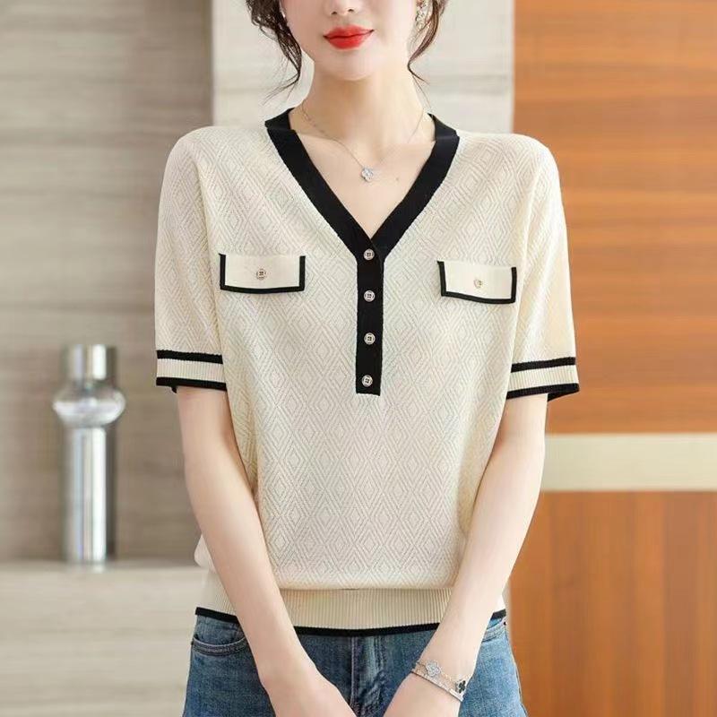 Tricou cu mânecă scurtă din tricot din mătase de gheață, cu decolteu în V, pentru femei