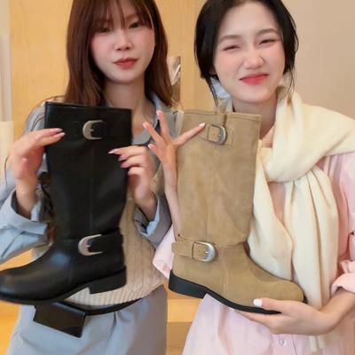 Korean Version of Fashion Boots Suede But Knee High Boots Women's 2025 Autumn New Suede Low Thick Heel Martin Boots