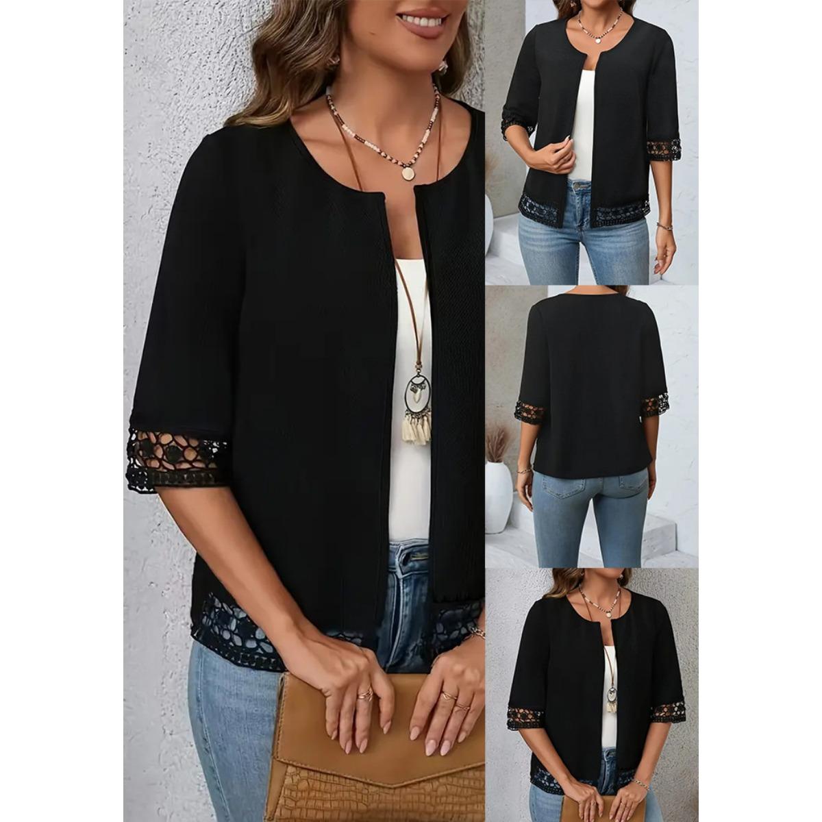 

Spring Autumn Women s Solid Color Loose Crew Neck Lace Spliced Half Sleeve Casual T-shirt S чёрный