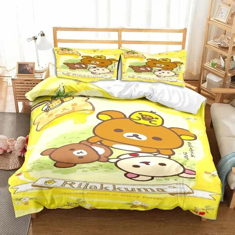 Cartoon Rilakkuma Bear Bedding Set Duvet Cover Bed Set Quilt Cover Pillowcase Comforter King Queen Size Boys Adult Bedding Set