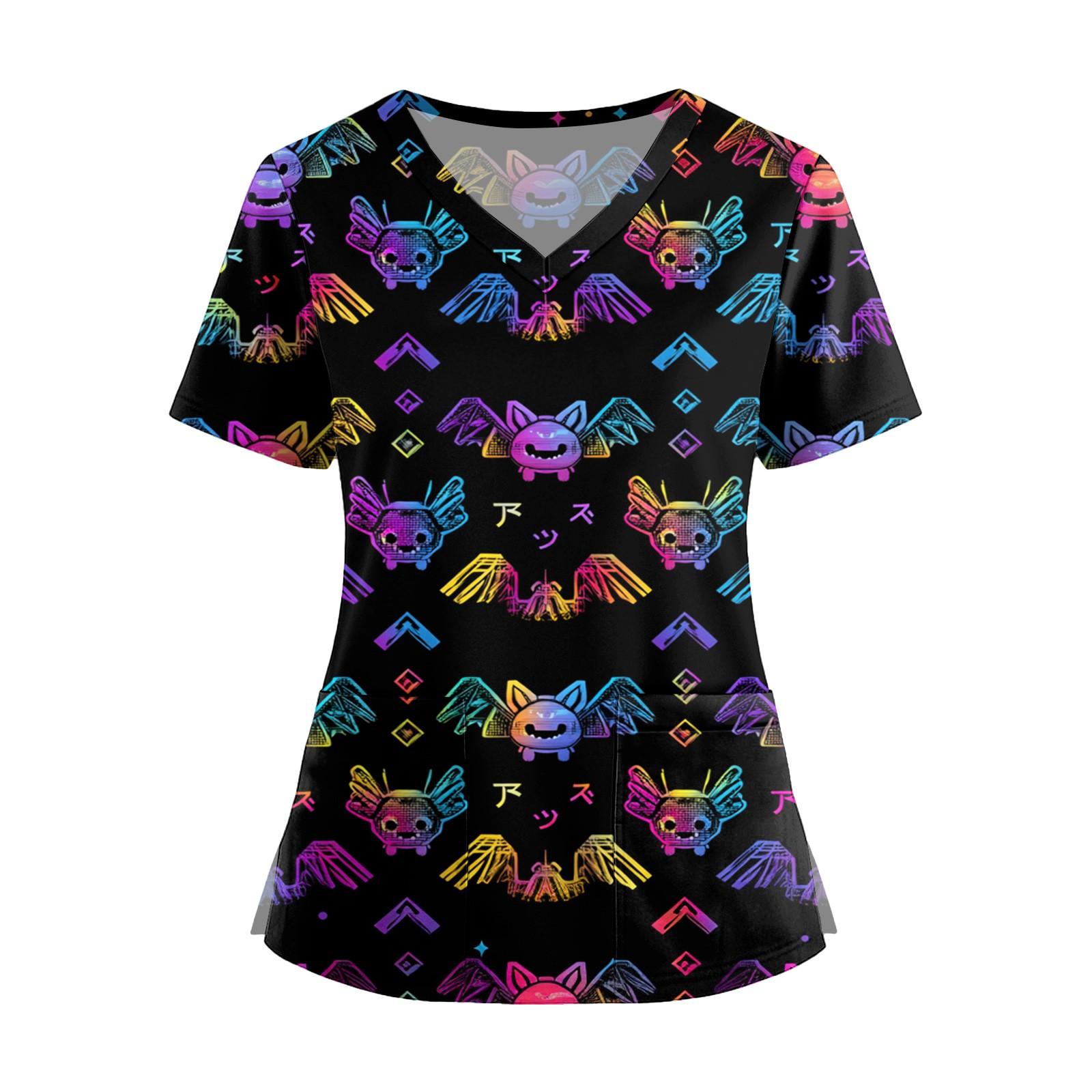 

Женская мода V-образный вырез короткий рукав комбинезон с карманами принт топы одежда XXXL чёрный