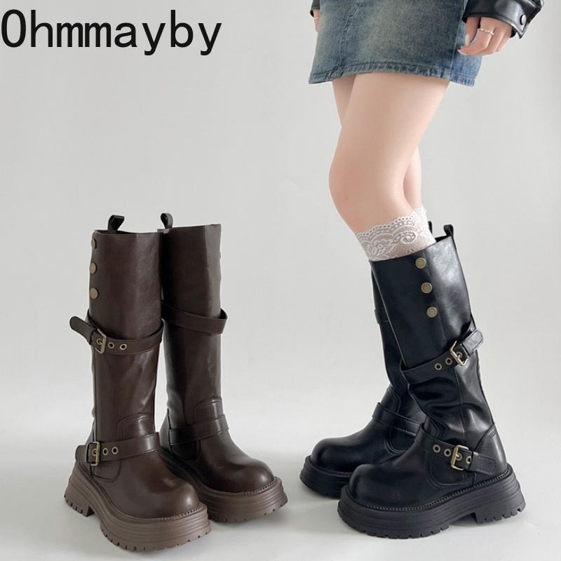 Autumn Winter Vintage Woman Knee-High Boots Slip-On Thick Bottom Shoes Ladies Western Cowboy Botas De Mujer