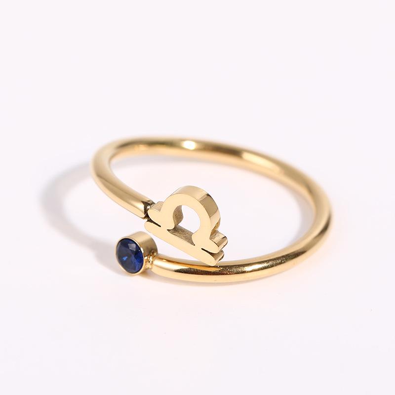 Titanium Steel Zodiac Ring: 18k Gold-Plated, Rose Gold Zircon Birthstone, Adjustable Open Design Adjustable Open