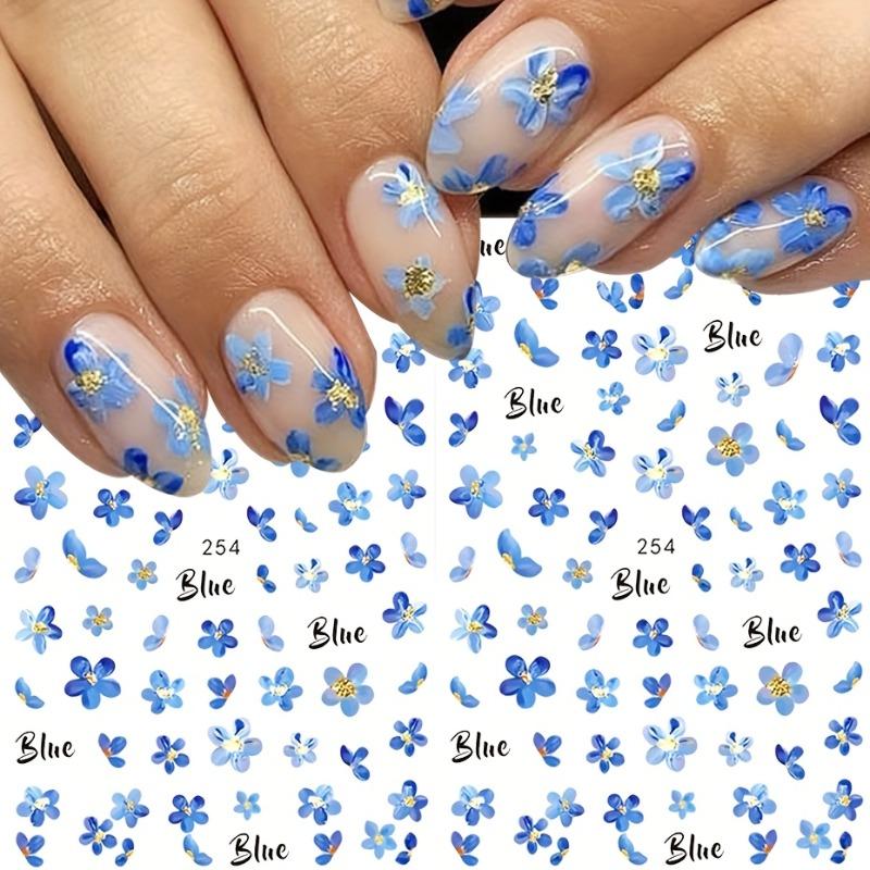 3pcs Watercolor Blue Flower Nail Art Stickers Self-Adhesive 3D Forget-Me-Not Floral Nail Decals DIY Nail Decorations Manicure