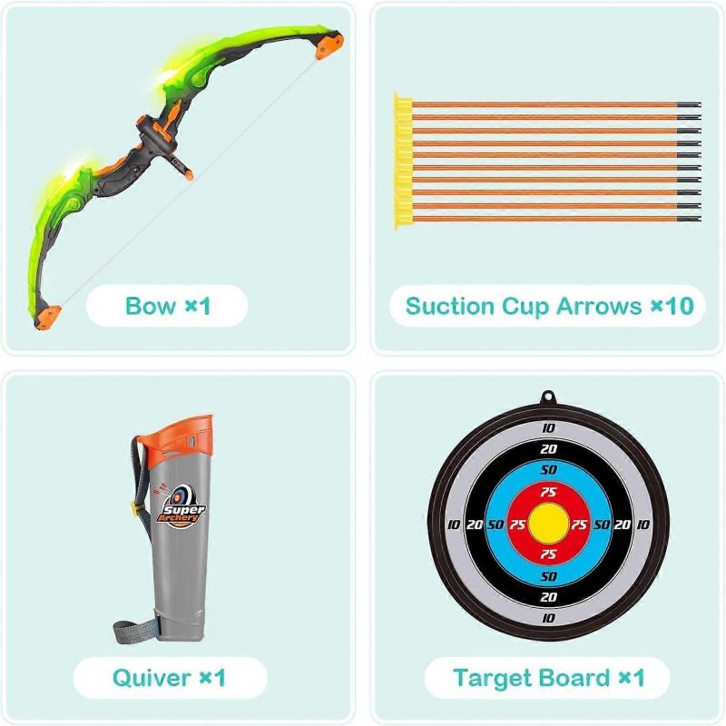 Bow and Arrow Set Kids, Archery Set with LED Light with 10 Suction Cups Arrows Targets Quiver, Indoor Outdoor Garden Games Green
