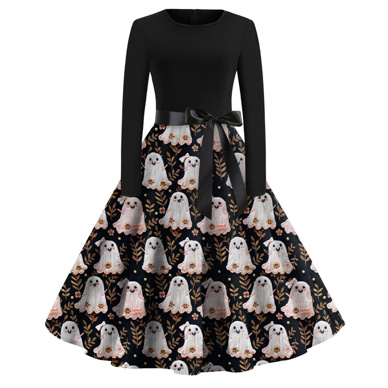 

Женское платье с круглым вырезом и длинными рукавами с принтом на Хэллоуин и большим свободным облегающим платьем M белый