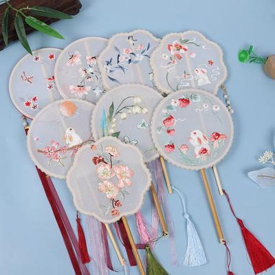 Chinese Style Classical Round Fan Embroidered Vintage Silk Fan Double Sided Semi-transparent Hand Fan Photography Prop