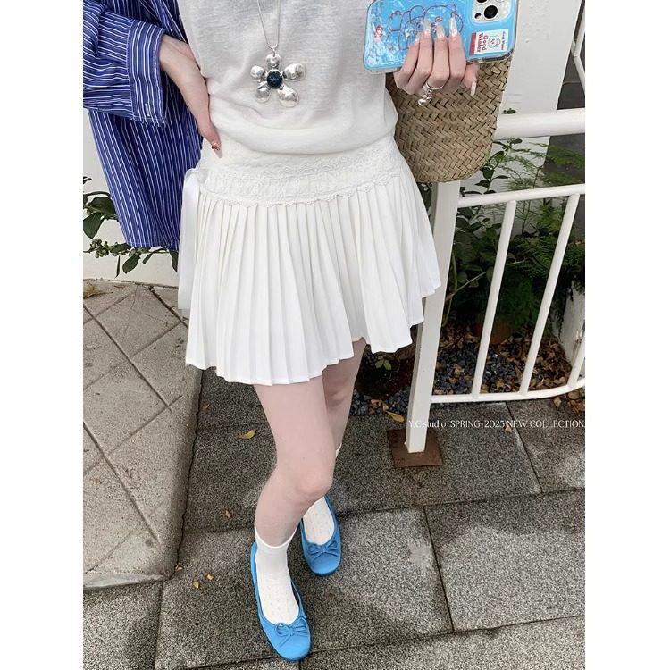 2026 White Lace Bow Tie Pleated Petite Layered Autumn Skirt for Women M
