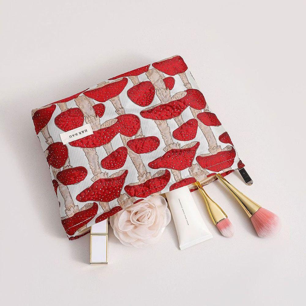 Vintage Canvas Make-up Tasche Roter Pilz Druck M/L Größe Aufbewahrungstasche Waschbar Tragbar Handtasche Hautpflegeprodukte Aufbewahrung